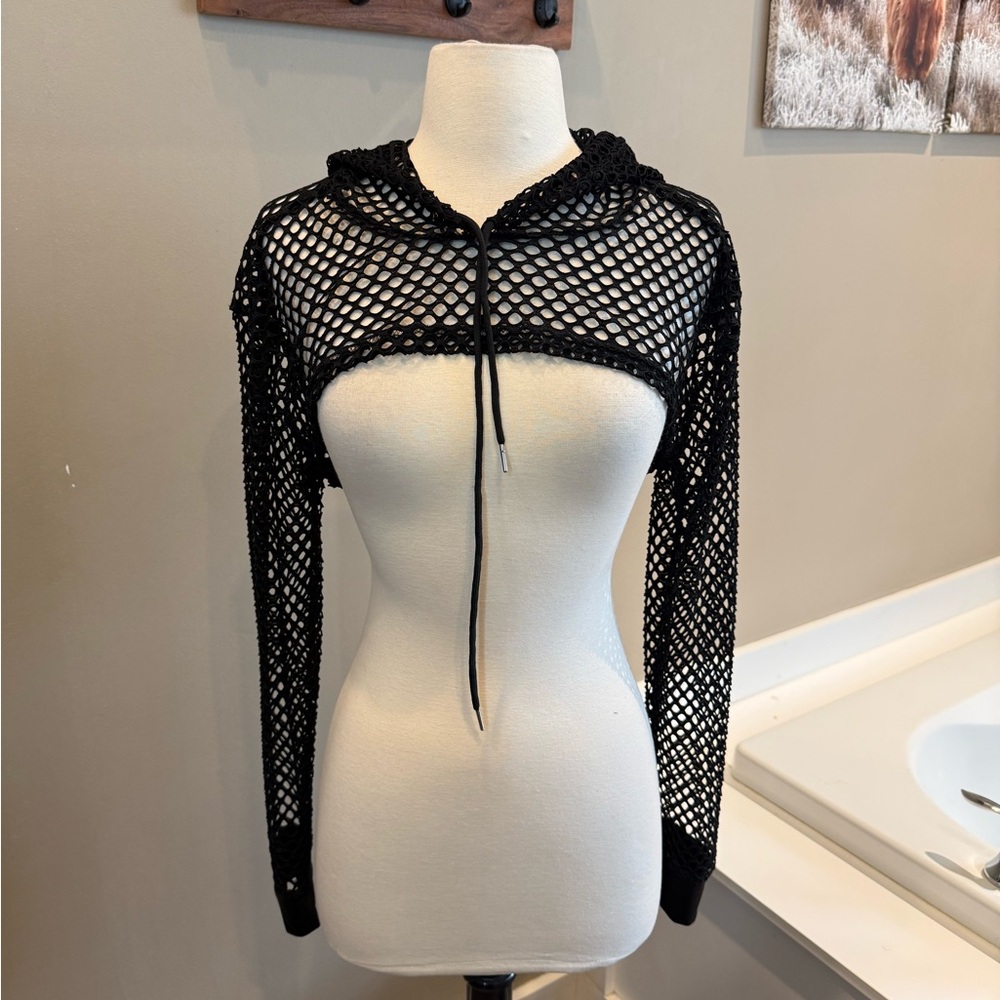 SHEIN Black Long Sleeve Fishnet Crop Hoodie